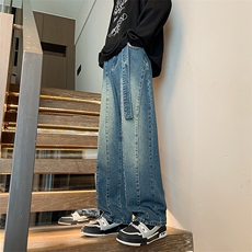 8XL-M牛仔裤秋季加肥加大码痞帅美式高街宽松直筒长裤NZ9007/P65，男装牛仔裤，电商B238