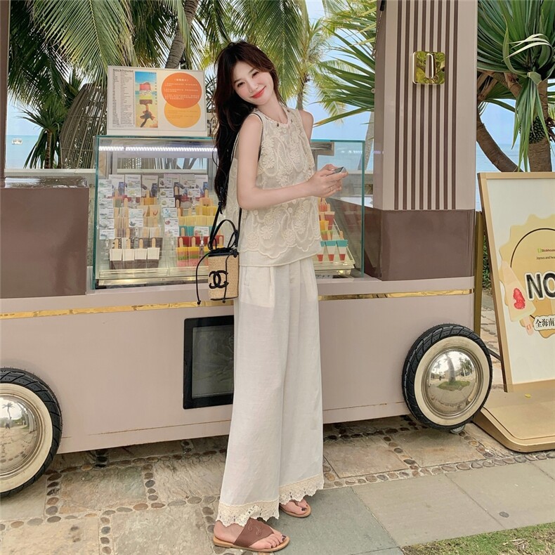 现货210-3252-P150-K218无袖重工蕾丝刺绣上衣阔腿裤套装,女装套装/套裙,浙宝210（原浙宝191）