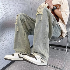 欧美高街风拉链水洗做旧破洞牛仔裤男女N0036-P45，男装牛仔裤，星座308B-1