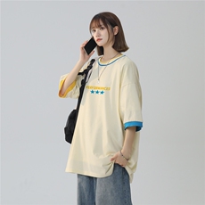 2025夏季新款拼色清新学院风宽松圆领短袖T恤T1036/P45控59-100棉，男装T恤，电商A148-1