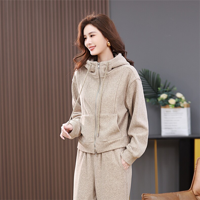 休闲连帽开衫卫衣女2025春秋新款时尚百搭直筒阔腿卫裤,女装运动套装,3200格调