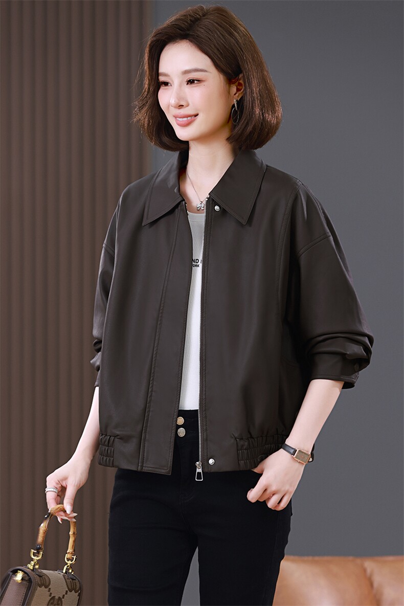 皮衣外套女短款2025春秋新款宽松大码中年妈妈小个子洋气夹克上衣,女装皮衣,希欧阁