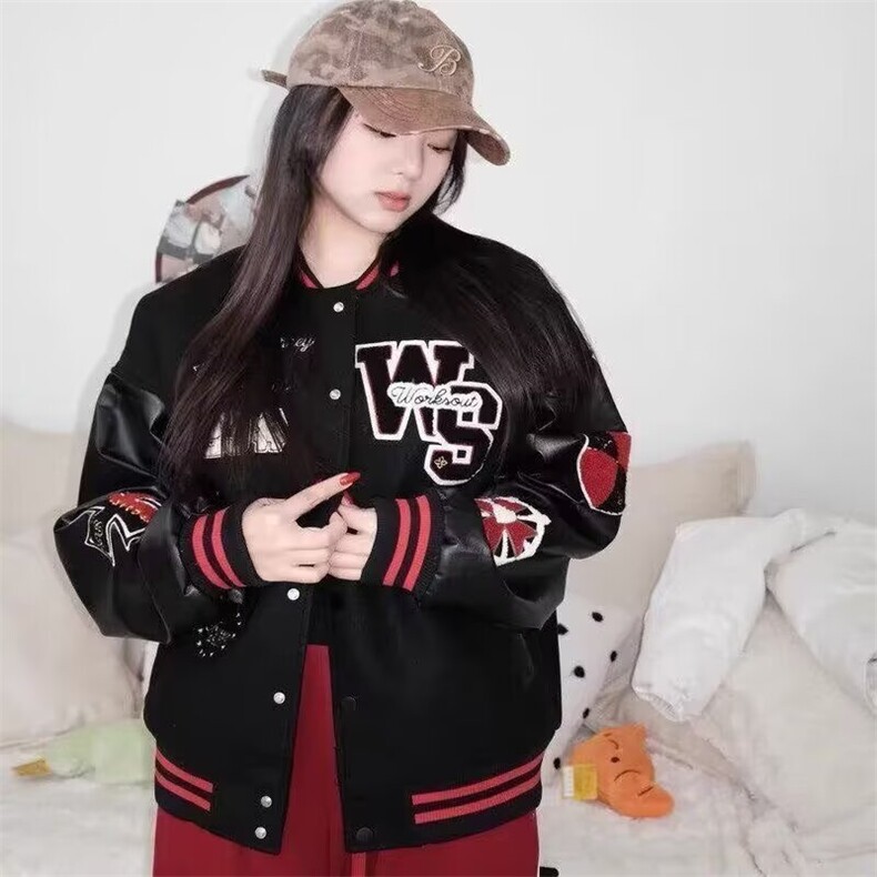 式PU拼接棒球服外套女2025春秋新款宽松设计感刺绣百搭夹克上衣,男装夹克,星座506A