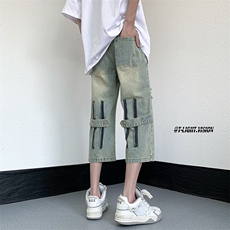 B221美式ins高街设计感拉链直筒七分牛仔裤LK23071-P55控78，男装牛仔裤，电商B221