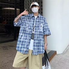 格子短袖衬衫男夏季日系复古宽松休闲五分袖衬衣美式高街潮牌外套，男装衬衫，星座1013
