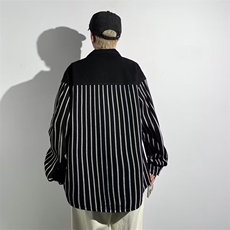 Y8095帅气青年牛仔衬衣男条纹拼接翻领外套薄款竖条长袖衬衫潮流，男装夹克，星座308A-1（原309B-1）