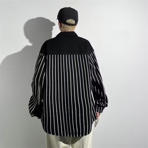 Y8095帅气青年牛仔衬衣男条纹拼接翻领外套薄款竖条长袖衬衫潮流图片