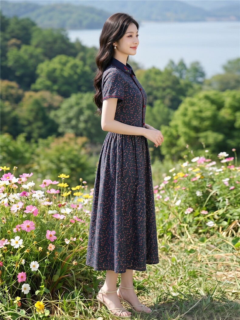 田园风斜领碎花刺绣连衣裙女春夏收腰显瘦中长裙,女装连衣裙,水衣源