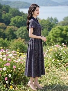 田园风斜领碎花刺绣连衣裙女春夏收腰显瘦中长裙图片