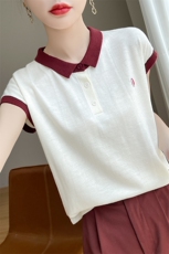 2024年夏季纯色套头短袖POLO领纯色拼接针织衫，女装针织衫/毛衣，暖圣羊羊绒
