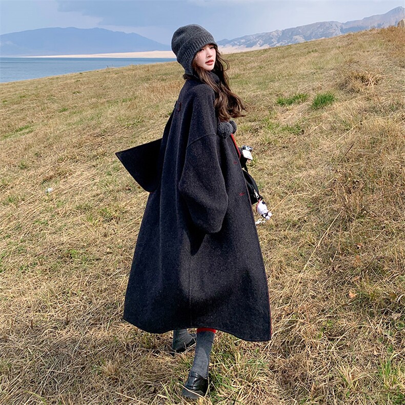 赫本风圆领撞色双面羊绒大衣女秋冬超火好看高级感中长毛呢厚外套,女装羊绒大衣,2B109