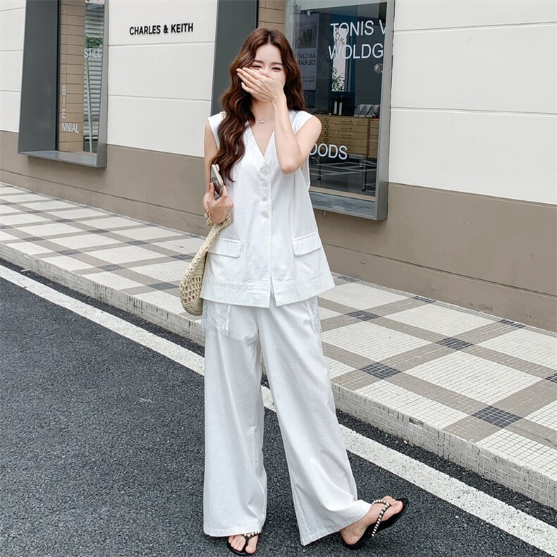 蕾丝拼接马甲套装女2025夏季新款设计感独特漂亮白色阔腿裤两件套,女装套装/套裙,2C176