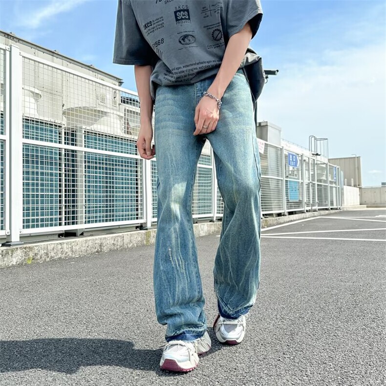 痕牛仔裤男cleanfit美式街头潮牌直筒宽松垂感微喇长裤RK3039-P47,男装牛仔裤,星座412-1