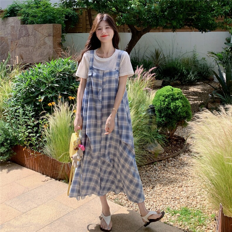 俏皮减龄格纹背带连衣裙套装女夏2025新款独特漂亮两件套爆款超火,女装套装/套裙,2C272