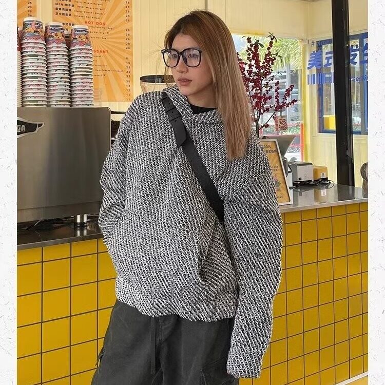 小香风连帽卫衣男女外套春秋季编织休闲帅气百搭口袋上衣WYT103,女装短外套,星座516A