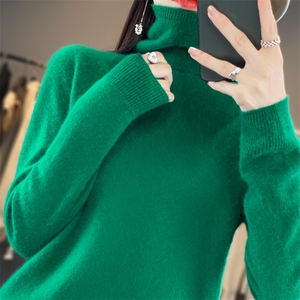 高端一线成衣女高领秋冬羊毛针织套头毛衣堆领翻领上衣图片