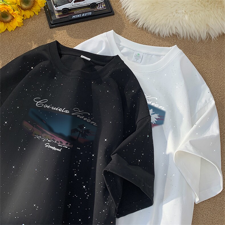 量大优供抖音视频支持得物配合二开美式满天星亮片短袖T恤MTX371,男装T恤,电商A486