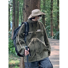 秋冬季新款反光条冲锋衣男士潮流户外登山服连帽工装夹克外套，男装夹克，星座410-7