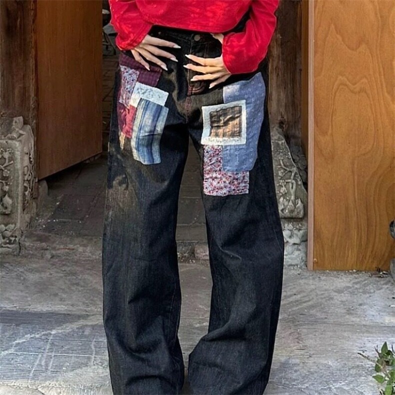 春秋季新款格子贴布设计牛仔裤男女宽松阔腿直筒长裤，男装牛仔裤，星座716-4