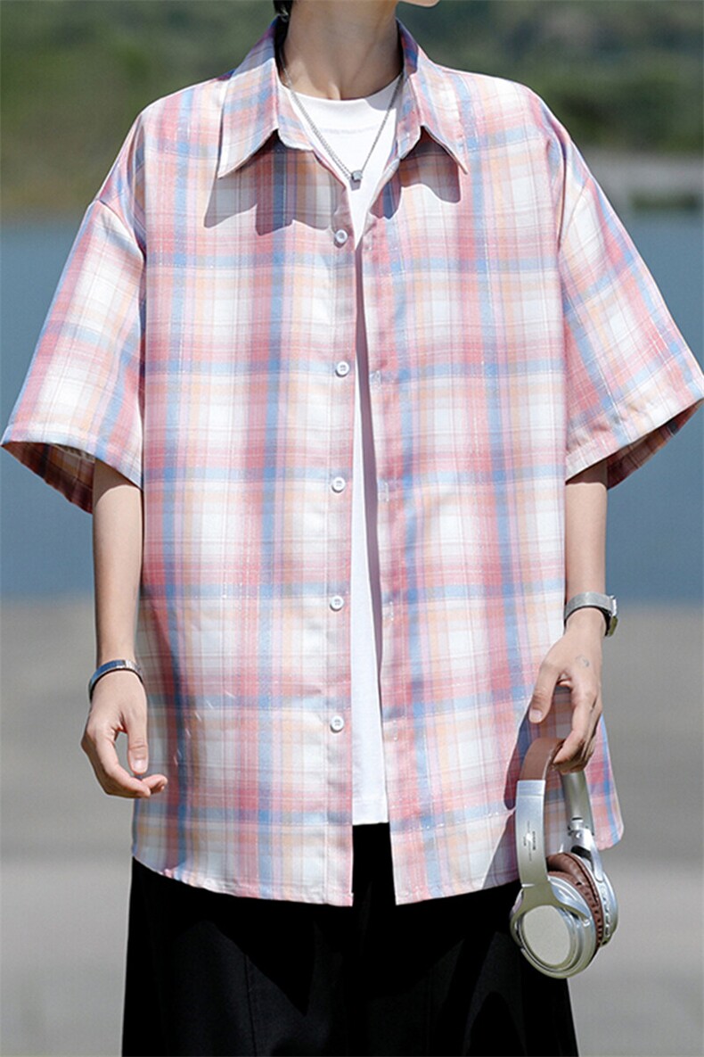 8XL-M格子短袖衬衫男夏季薄款DK制服衬衣JK学院风半袖外套DC28004,男装衬衫,电商B312