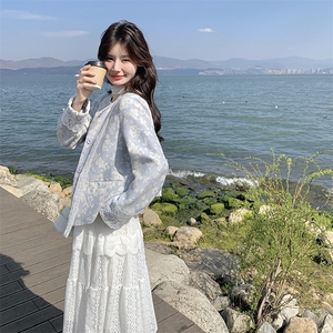 蓝色新中式提花外套女2025春秋新款国风上衣显瘦吊带连衣裙两件套图片