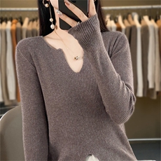 时尚V领开叉设计仿羊毛针织衫显瘦修身长袖毛衣，女装针织衫/毛衣，暖姿羊绒
