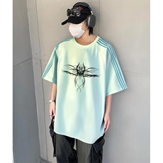 抖音得物品质二开240克宽松纯棉美式潮牌印花三条杠中性风短袖T恤，男装T恤，电商A486-1
