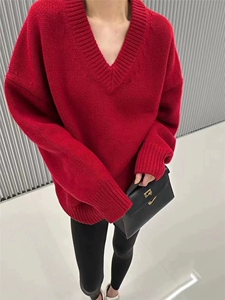 羊毛毛衣廓形加厚V领慵懒宽松套头针织衫上衣女图片