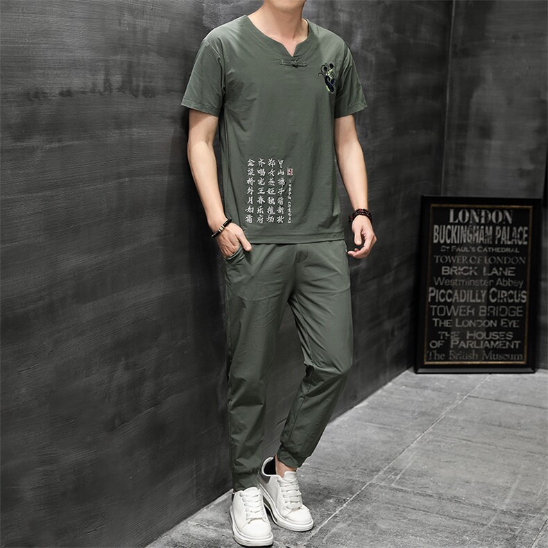 风刺绣短袖T恤套装男士大码宽松长裤男休闲复古潮HO15332-P58，男装休闲套装，星座1105-3