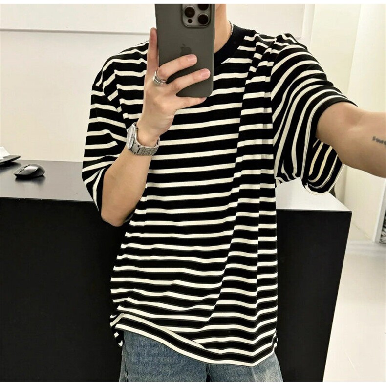 抖音直播现货条纹短袖男T恤宽松半截袖情侣装T2510-P35,男装T恤,星座1212