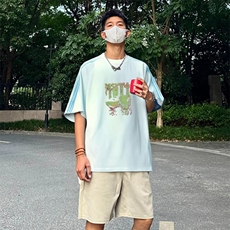 抖音得物品质二开240克宽松纯棉美式潮牌印花三条杠中性风短袖T恤，男装T恤，电商A486