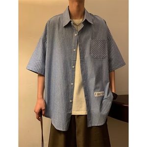 条纹衬衫短袖男士夏休闲潮牌痞帅五分衬衣服夏天外套潮LS160 P28图片