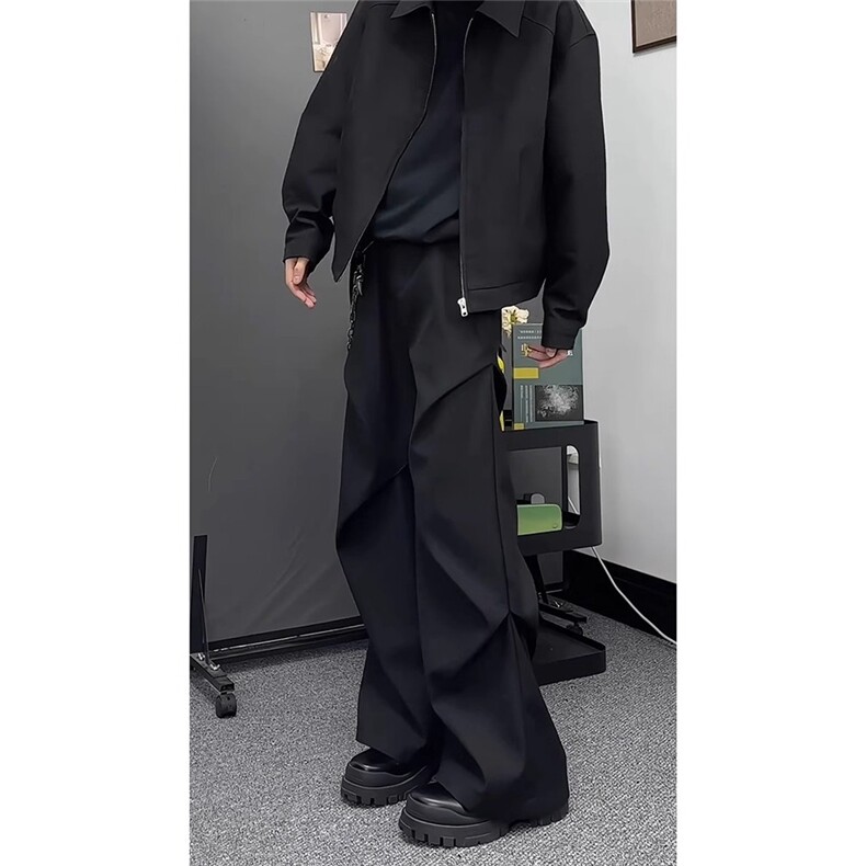 黑色弯刀西裤垂感高级感褶皱工装裤男款夏季阔腿休闲裤KA228-P45,男装西裤,星座208-5