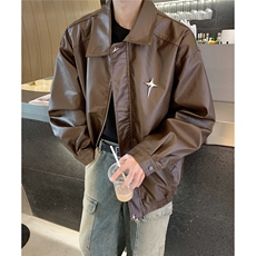 1美式复古大码M-5XL四芒星可拆卸胸针PU皮夹克男JK77771P85控118，男装夹克，星座226-2