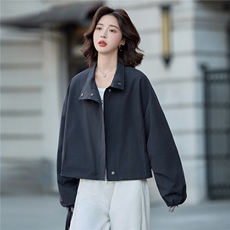 松弛感宽松休闲立领短外套女2025秋季新款百搭小个子洋气夹克上衣，女装短外套，米莱