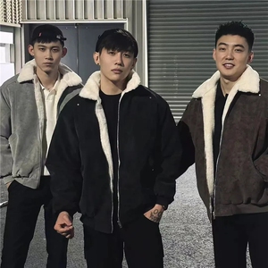 网图 美拉德羊羔毛pu皮棉衣加绒加厚情侣棉服外套男 H1166 特P90图片