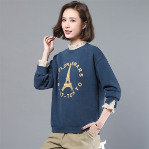 2021年冬季新款加绒加厚卫衣女宽松显瘦蕾丝边上衣服女春秋图片