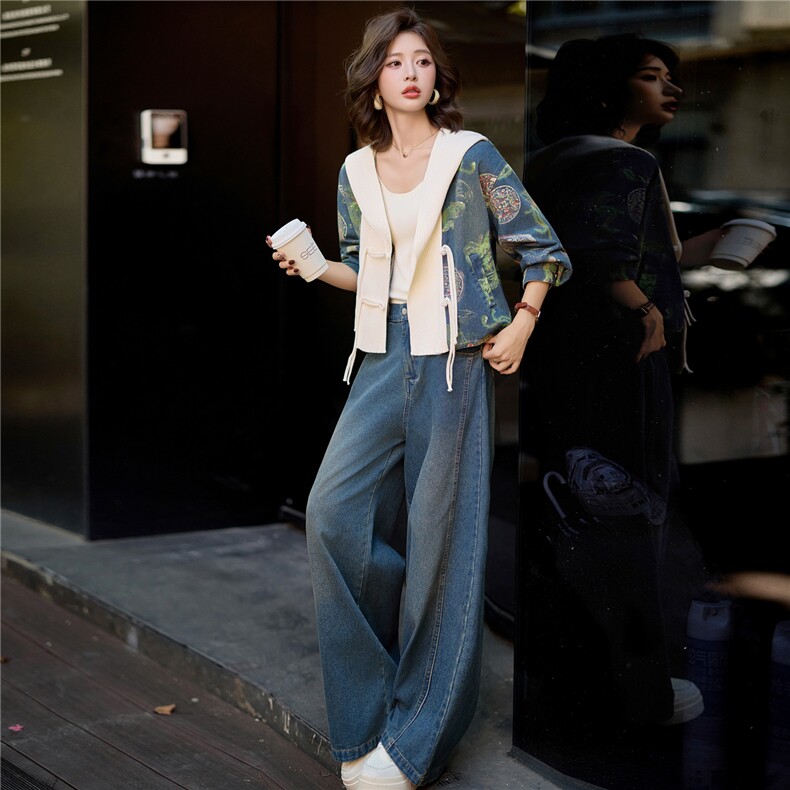 新中式复古盘扣印花牛仔套装2025秋季洋气减龄阔腿裤两件套，女装套装/套裙，欣品汇