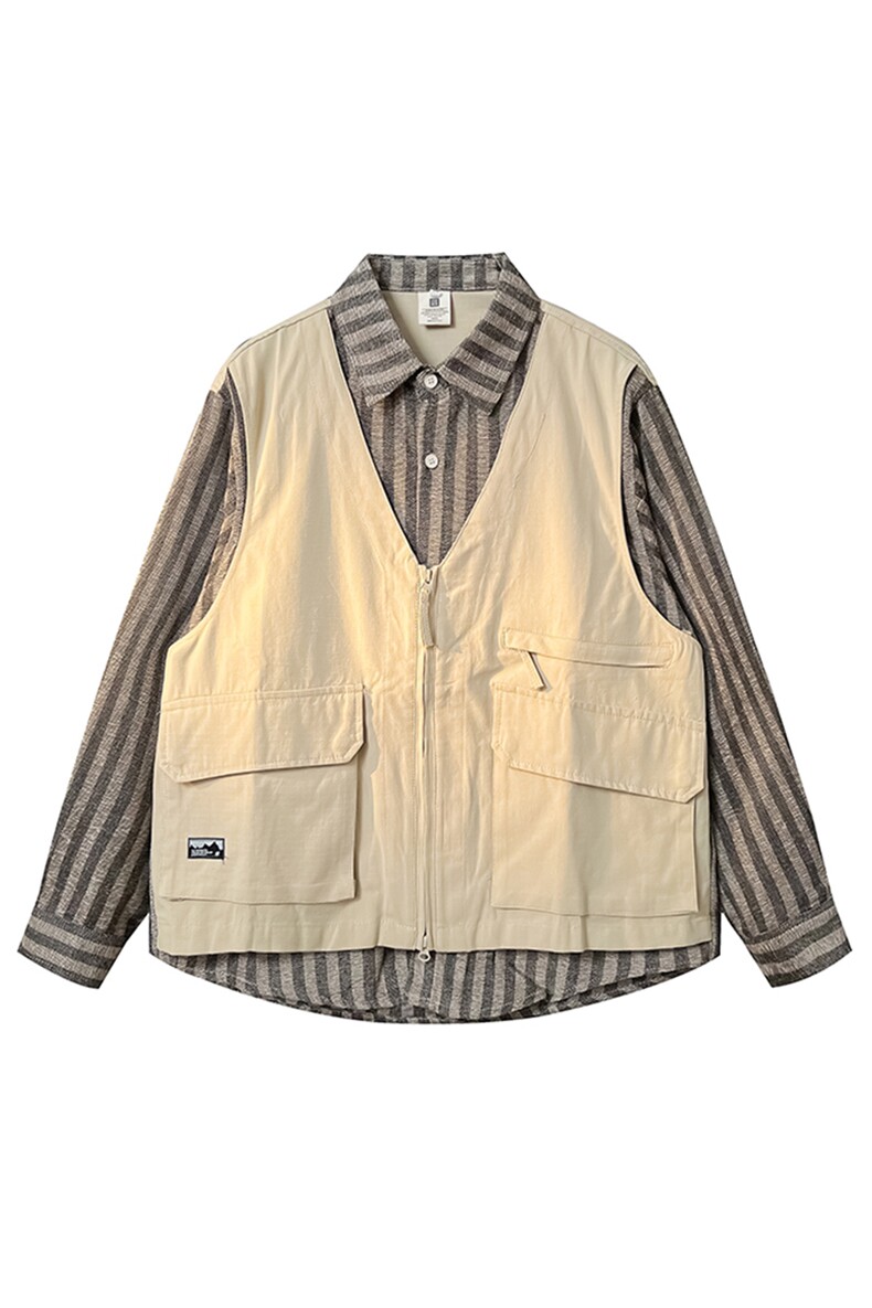 8XL-M假两件衬衫男美拉德日系复古新中式坎肩马甲马夹CS508TP68,男装衬衫,电商D206-1