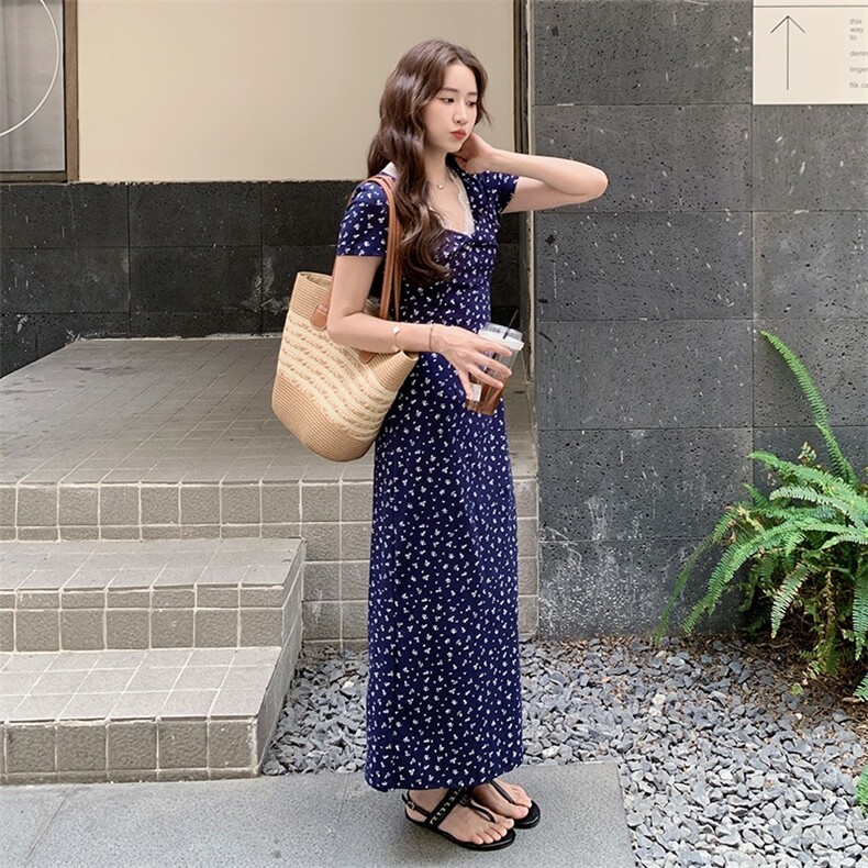 修身包臀裙字藏蓝色v领碎花连衣裙女夏，女装连衣裙，浙宝113