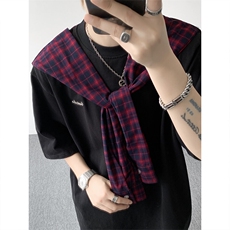 8XL-M潮情侣美式拼接打结格子假两件短袖宽松纯棉T恤男DX338，男装T恤，电商D206-1