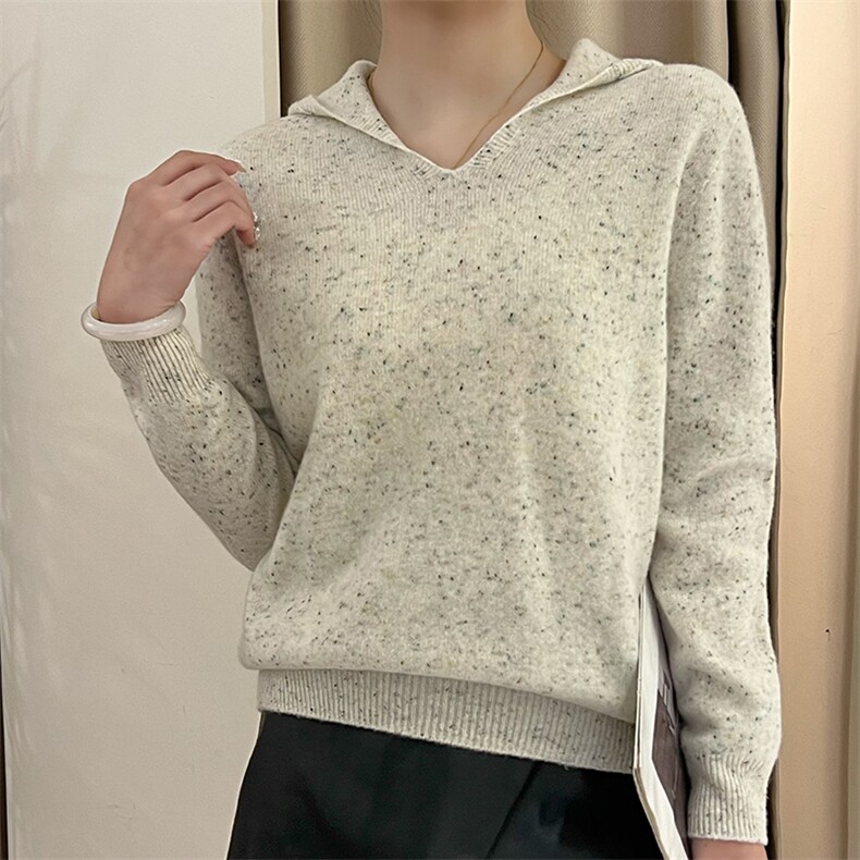 时尚女装七针一线羊毛连帽衫显瘦百搭V领毛衣舒适保暖秋冬季新款，女装羊毛衫，臻纶羊绒