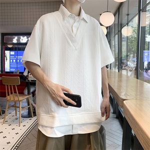 夏款男假两件短袖衬衫提花宽松五分袖衬衣送领带CS1271 P40图片