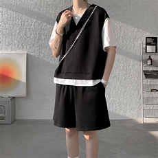 8XL-M高级感休闲运动套装男假两件短袖上衣阔腿裤短裤两件套TZ107，男装休闲套装，电商D206-1