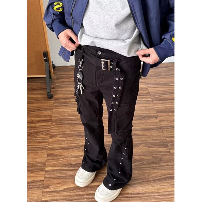金属腰带设计感微喇西裤男垂坠感休闲黑色直筒裤子男生K6652,男装西裤,星座1116A（原606A-3）