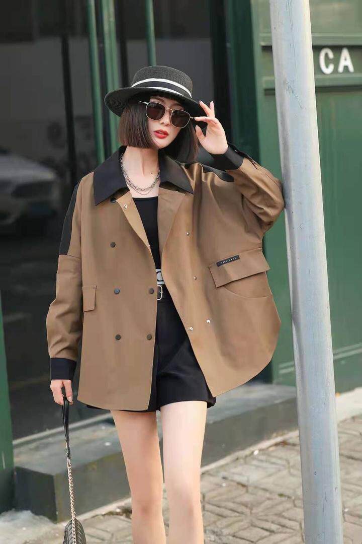 撞色拍接风衣外套，女装风衣，简妮依魅