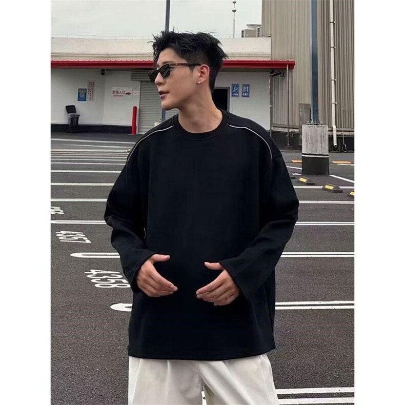 抖音得物高品质26春装设计感长袖打底衫纯色拉链肩圆领卫衣W123,男装T恤,电商A486-1