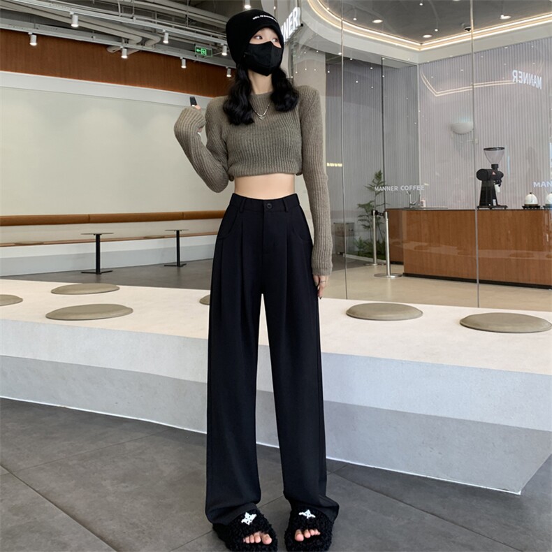 设计感咖色西装裤女2023秋新款高腰垂感小个子直筒休闲阔腿裤,女装休闲裤,梦白服饰厂
