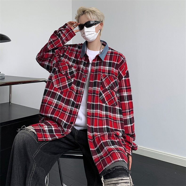 秋款男长袖衬衫格子拼接牛仔领拼色宽松衬衣外套CS1321P40,男装衬衫,星座1013-1