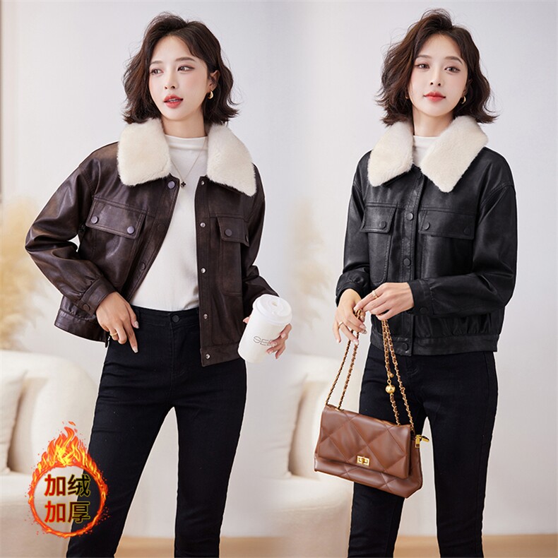 加绒皮衣外套女冬季港风复古机车皮夹克内里獭兔毛派克服短款上衣,女装皮衣,江南女神